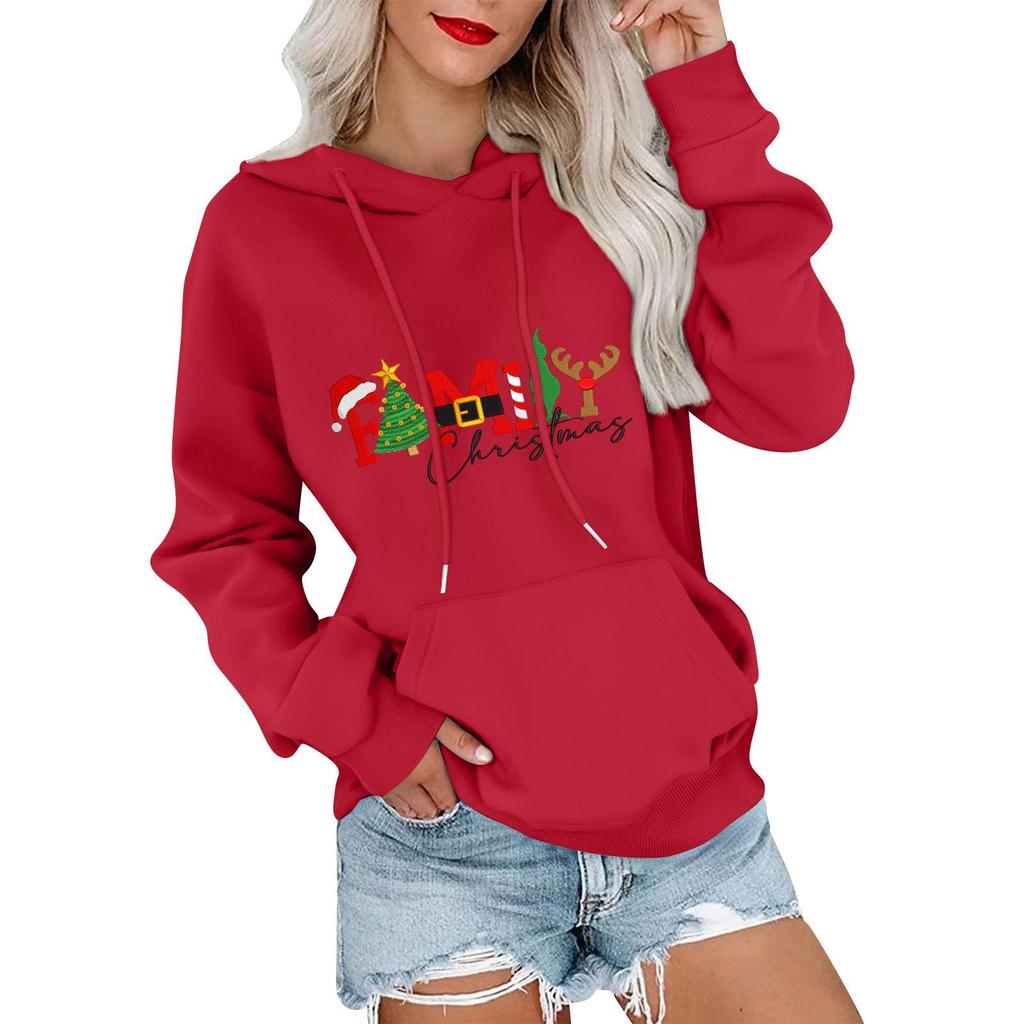 Women's Casual Comfortable Neck Hooded Long Sleeve Christmas Print Warm Sweatshirt