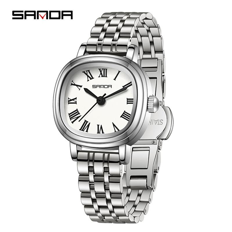SANDA Women Quartz Watch Fashion Elegant Rose Gold Simple Roman Analog Display Stainless Steel Strap Wristwatch for Ladies