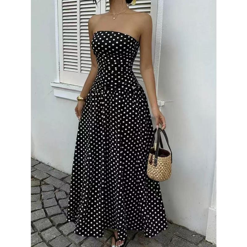 2026 Summer Off Shoulder Polka Dot Dress New Sexy Elegant Strapless Waist-cinching Slim Fit A-line Party Evening Dress Sweet Pleat Fashion Clothing