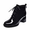 Fashion High-heeled Short Boots Autumn and Winter New Thick-heeled Lace-up Cow Patent Leather Fashion Boots Leather Boots Women's Locomotive Boots