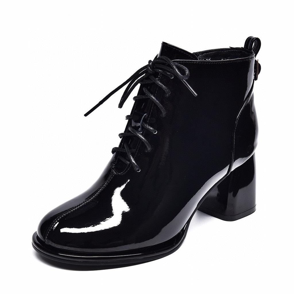 Fashion high-heeled short boots autumn and winter new thick-heeled lace-up cow patent leather fashion boots leather boots women's locomotive boots