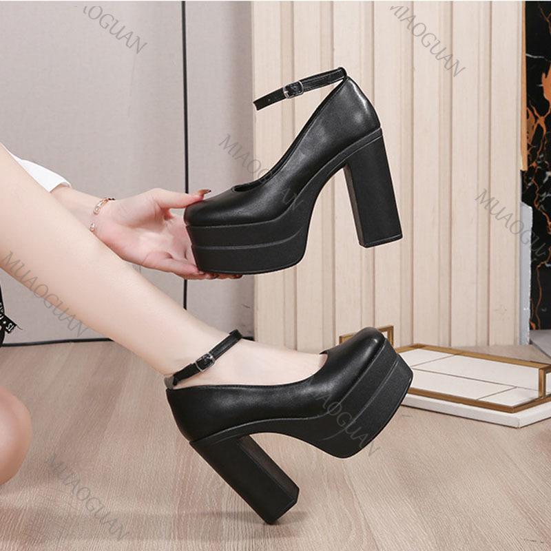 Fashion Sexy Thick-soled Single Shoes Women's 11CM High Heels Ankle Buckle Black Spring Autumn Women's Platform Heels Pumps for Women