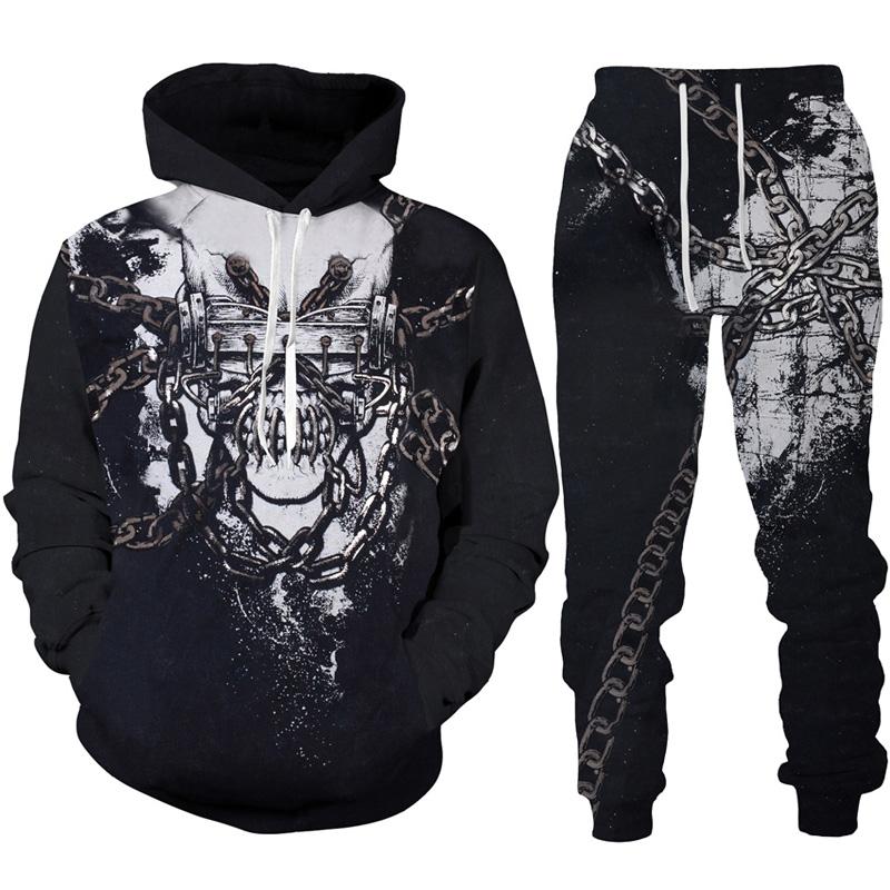 Felpa con cappuccio/tuta con stampa 3D con tatuaggio teschio gotico, moda uomo, motociclista, abbigliamento sportivo, felpa con grafica accattivante + pantaloni