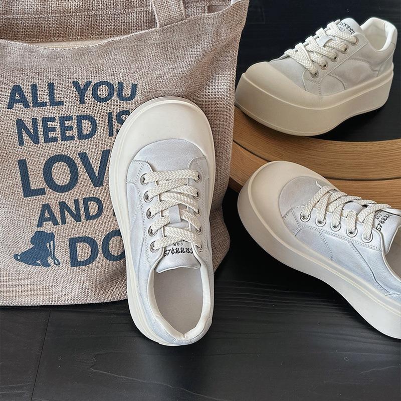 Platform White Shoes Women's Versatile Lace-up Big Head Casual Shoes Spring New Korean Version Polished Leather Sneakers