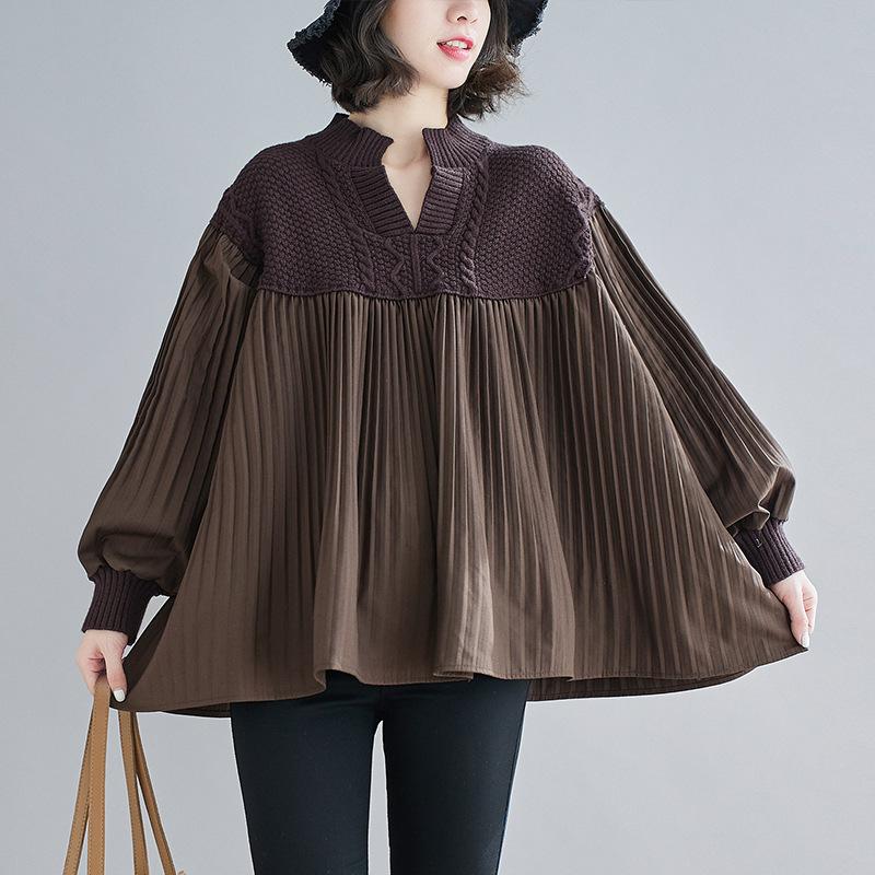 Plus Size Women Lantern Sleeve Pleated Patchwork Sweater Spring Autumn Loose Casual Knitted V-neck Shirt Oversized Tops