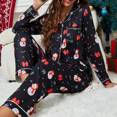 Herbst Winter Pyjama Set Damen Weihnachten Neujahr niedlicher Cartoon Pyjama zweiteiliges Set lässige Loungewear schwarz Nachtwäsche