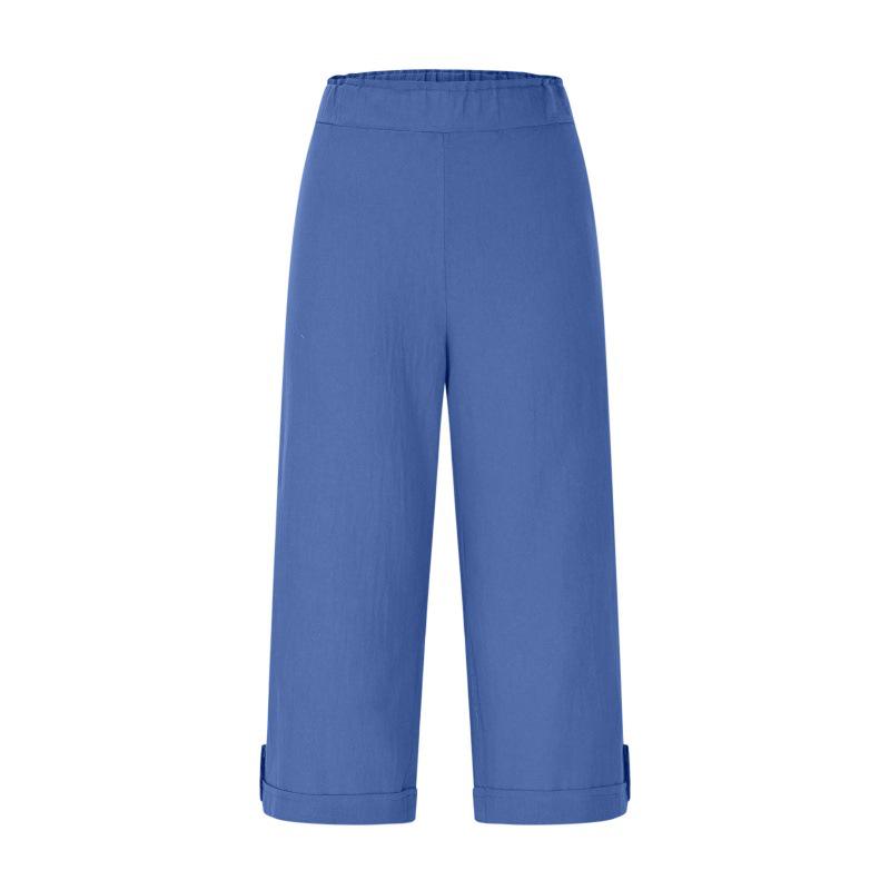 European & American Cotton Linen Casual Pants with Elastic Waist and Pockets, 7/8 Length, Pure Color.