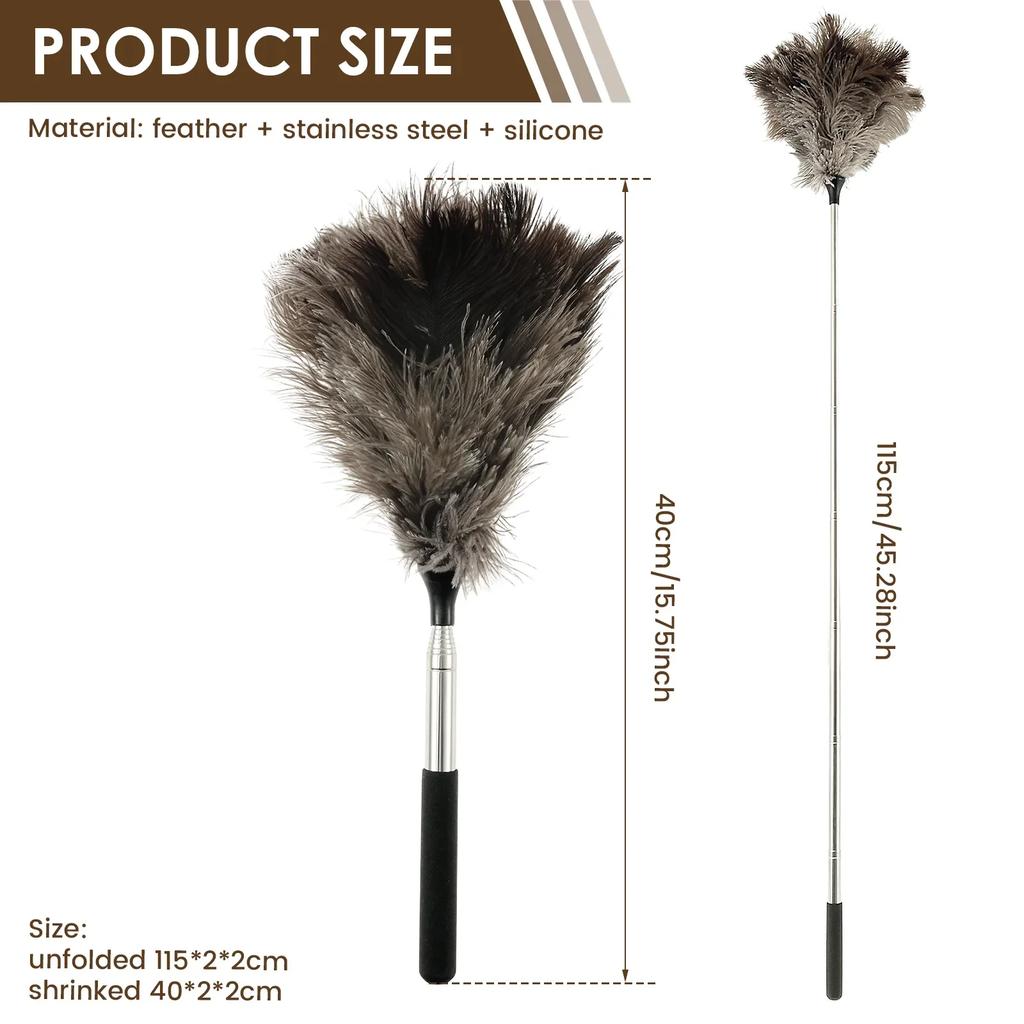 Extendable Ostrich Feather Duster With Stainless Steel Long Handle Brush Household Furniturer Dust Cleaning Tools