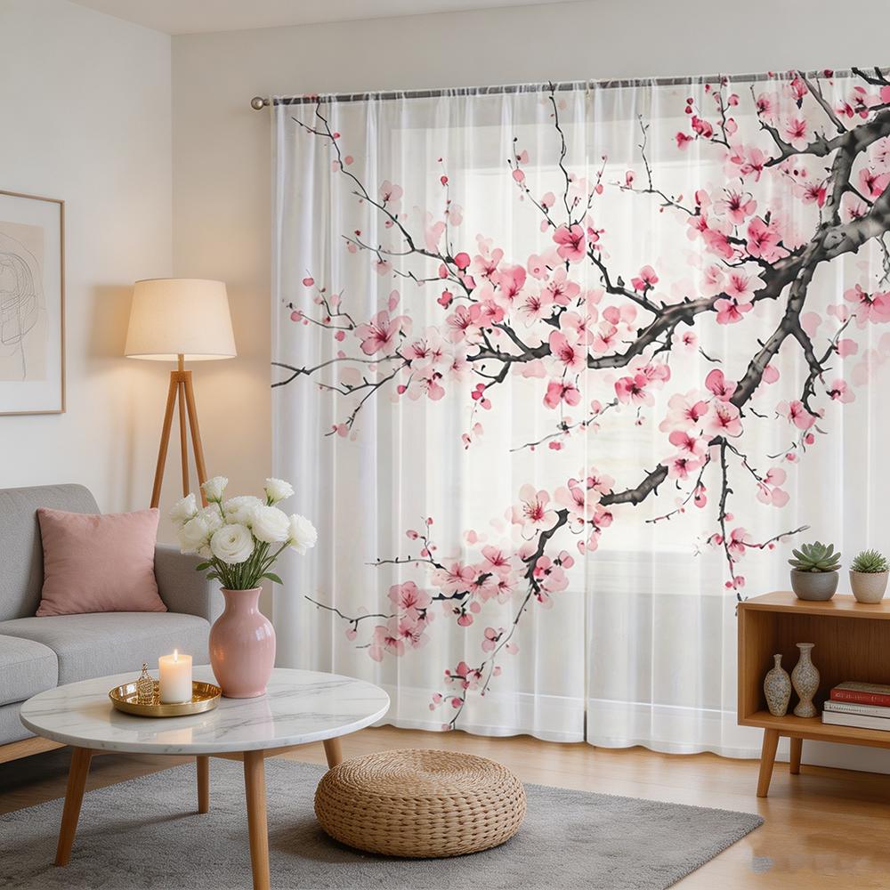 2PCS Digital Print Sheer Curtain, Elegant Plum Blossom Floral Pattern, Classic Chinese Art Style Home Window Decoration