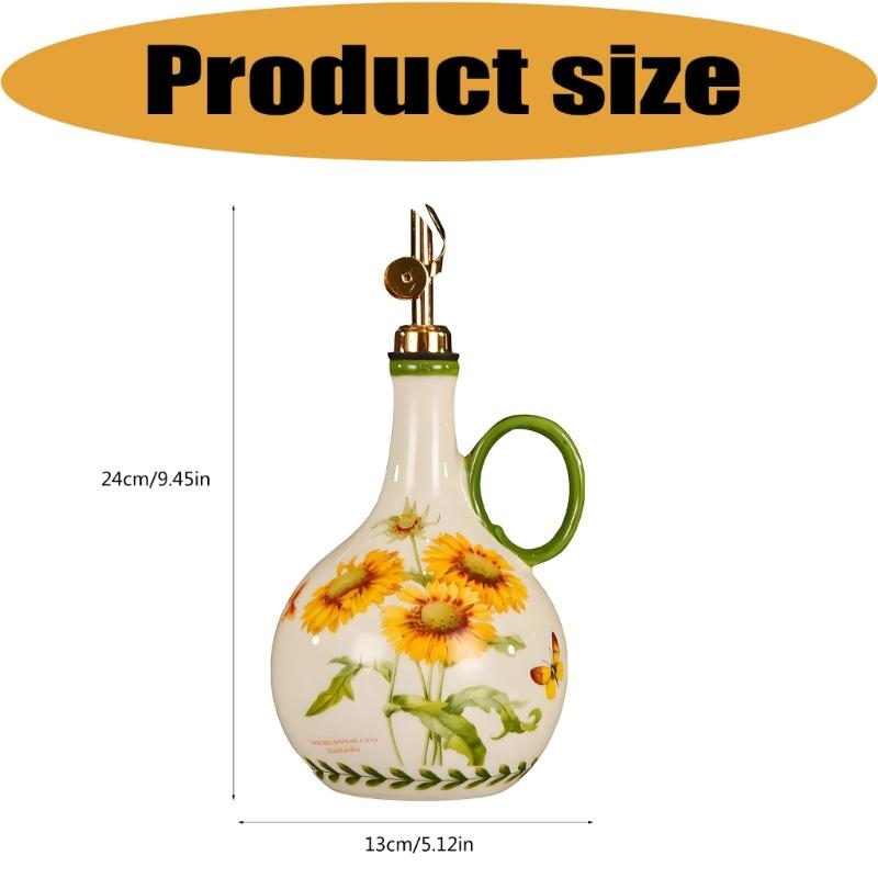 Ceramic Kitchen Oil Bottle with Easy Grip and Metal Pour Lid, Counter Dispenser for Everyday Home Cooking and Display