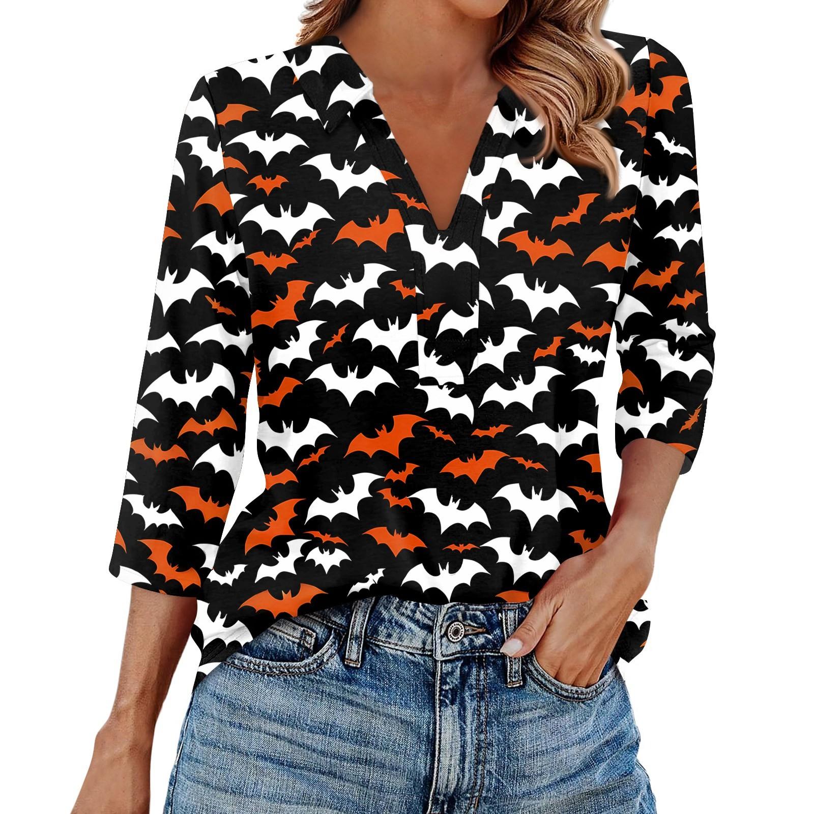 

Женская модная повседневная рубашка с лацканами и рукавами 3/4 с принтом на Хэллоуин, женские топы с V-образным вырезом XL белый