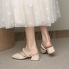 WTEMPO Summer Wrapped Toe Sandals Women's Square Toe Middle Thick Heel Pearl Soft Leather Soft Sole Slippers Fairy Style Comfortable Wear-resistant