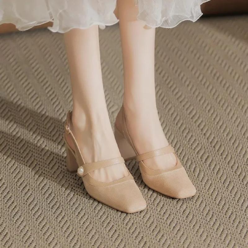 Mode NOUVEAU Cuir de Vache Talons Hauts Épais Printemps Marque Chaussures de Demoiselle Bout Carré Marque Haute Qualité Femmes Escarpins Peu Profonds