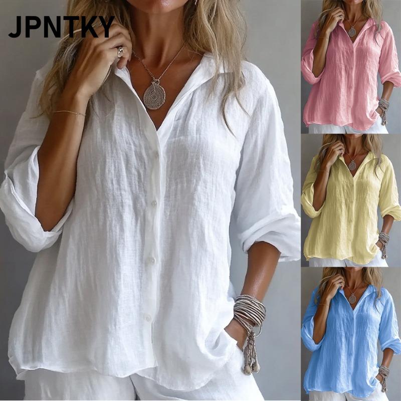 JPNTKY Women's Fashion Casual Solid Color Print Long Sleeve V Neck Blouses & Shirts International Design