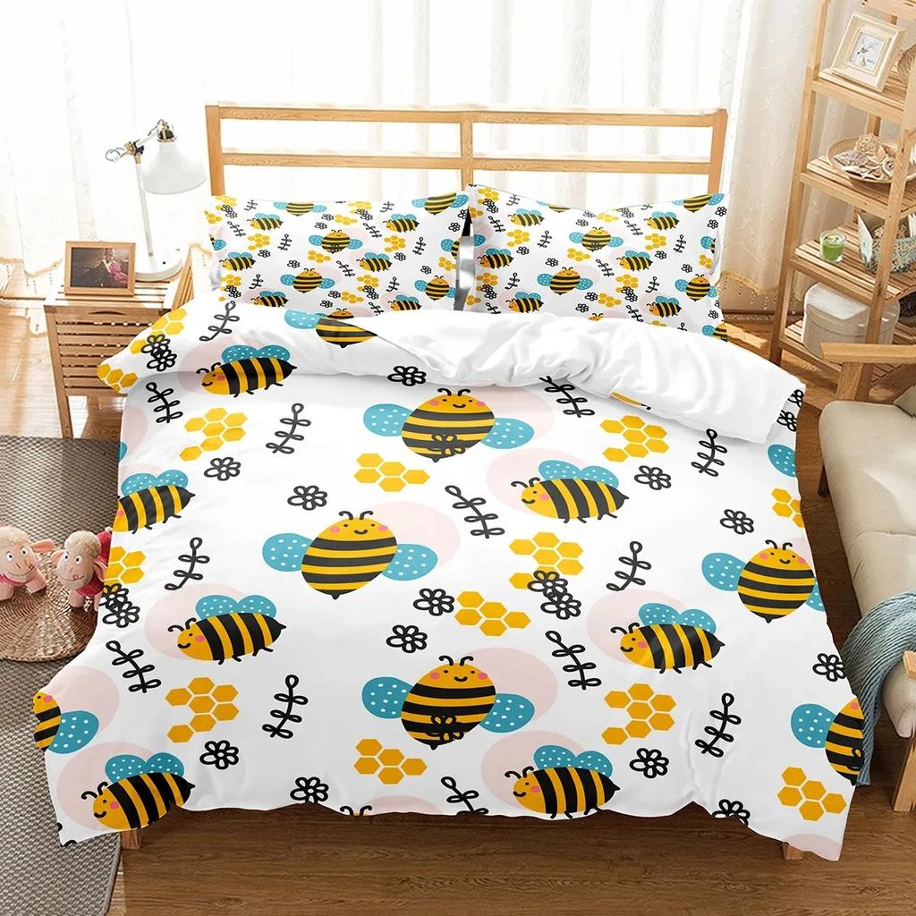 Yellow Bee Duvet Cover Set Cartoon Wild Animals Pattern Quilt Cover With Pillowcase Lightweight Soft Gift King Queen Full Size