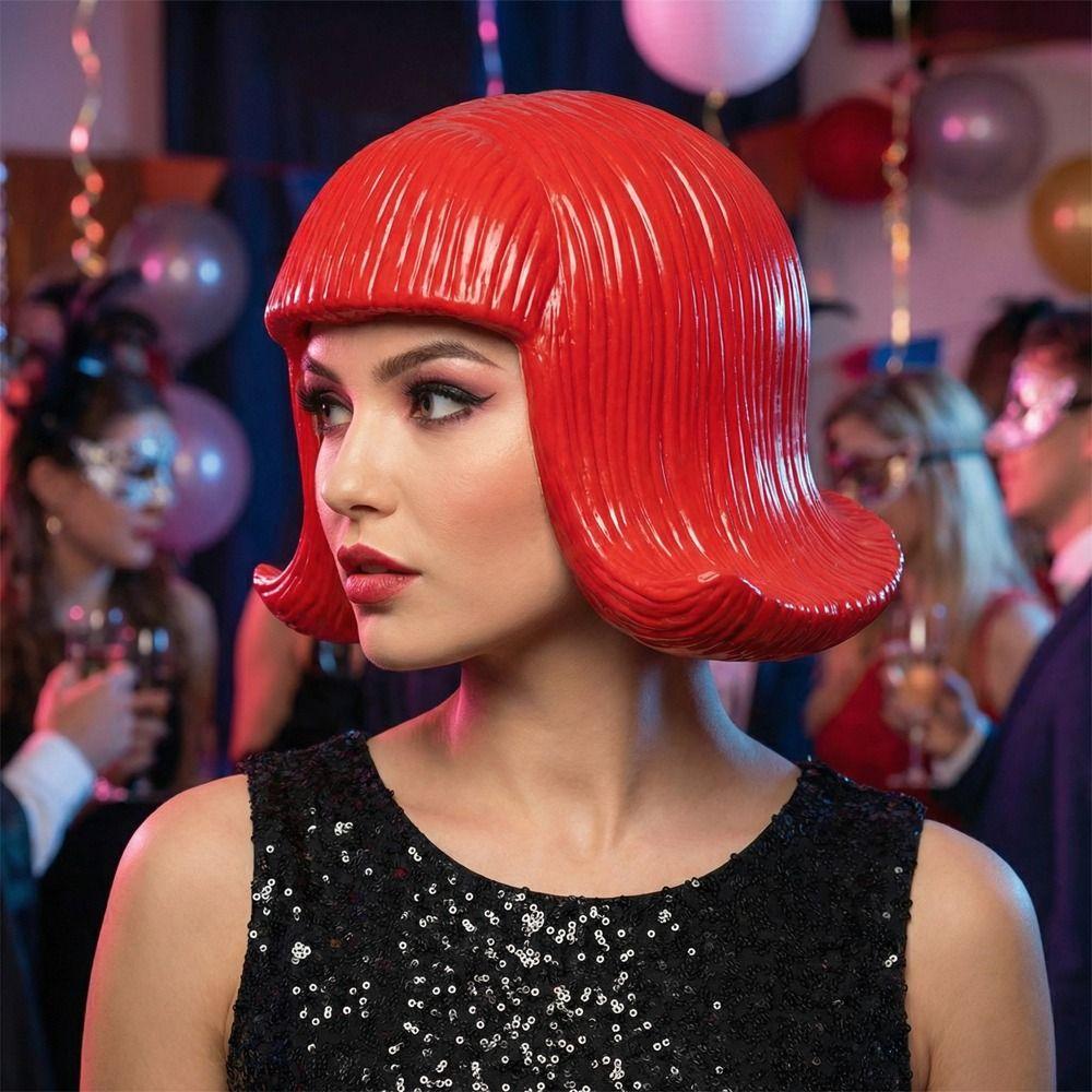 Comfortable To Wear Latex Mask Short Bob Rubber Colorful Hair Hats Novelty Overhead Masks  Festival