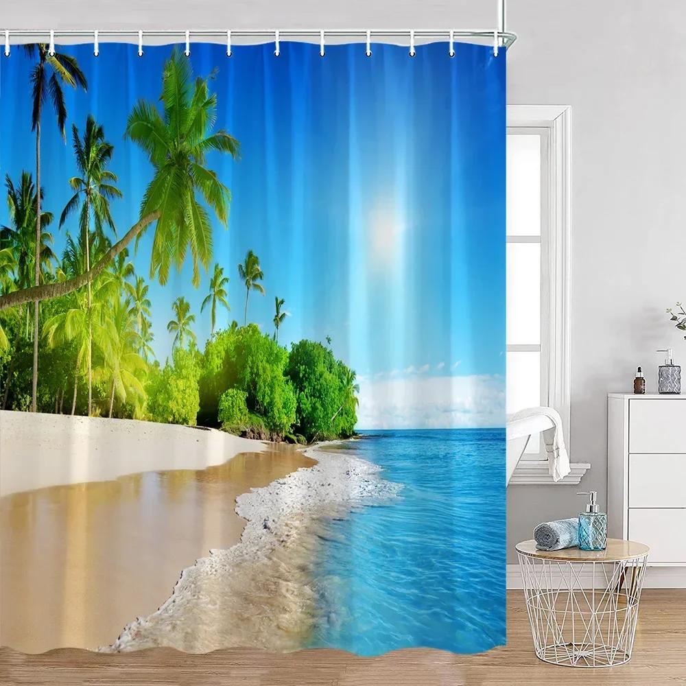 Seaside Beach Shower Curtain Summer Holiday Coconut Tree Sea View Bathroom Bathtub Decoration Polyester Shower Curtain