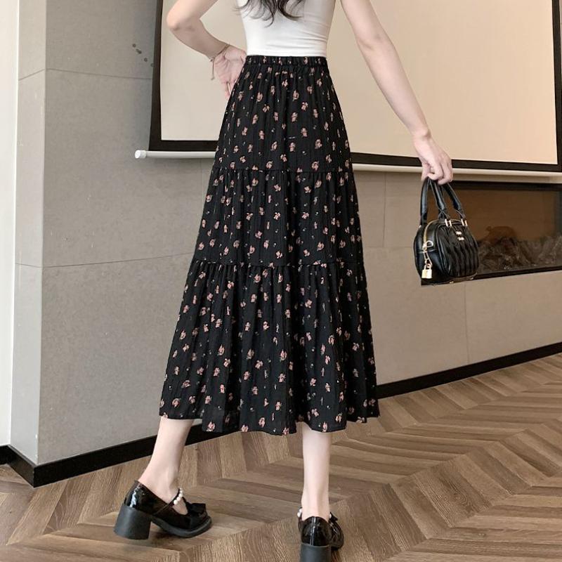 Vintage Blommig Lagerkjol Midikjol för Kvinnor - Vår/Sommar A-linje Full Utsvängd Blommig Långkjol