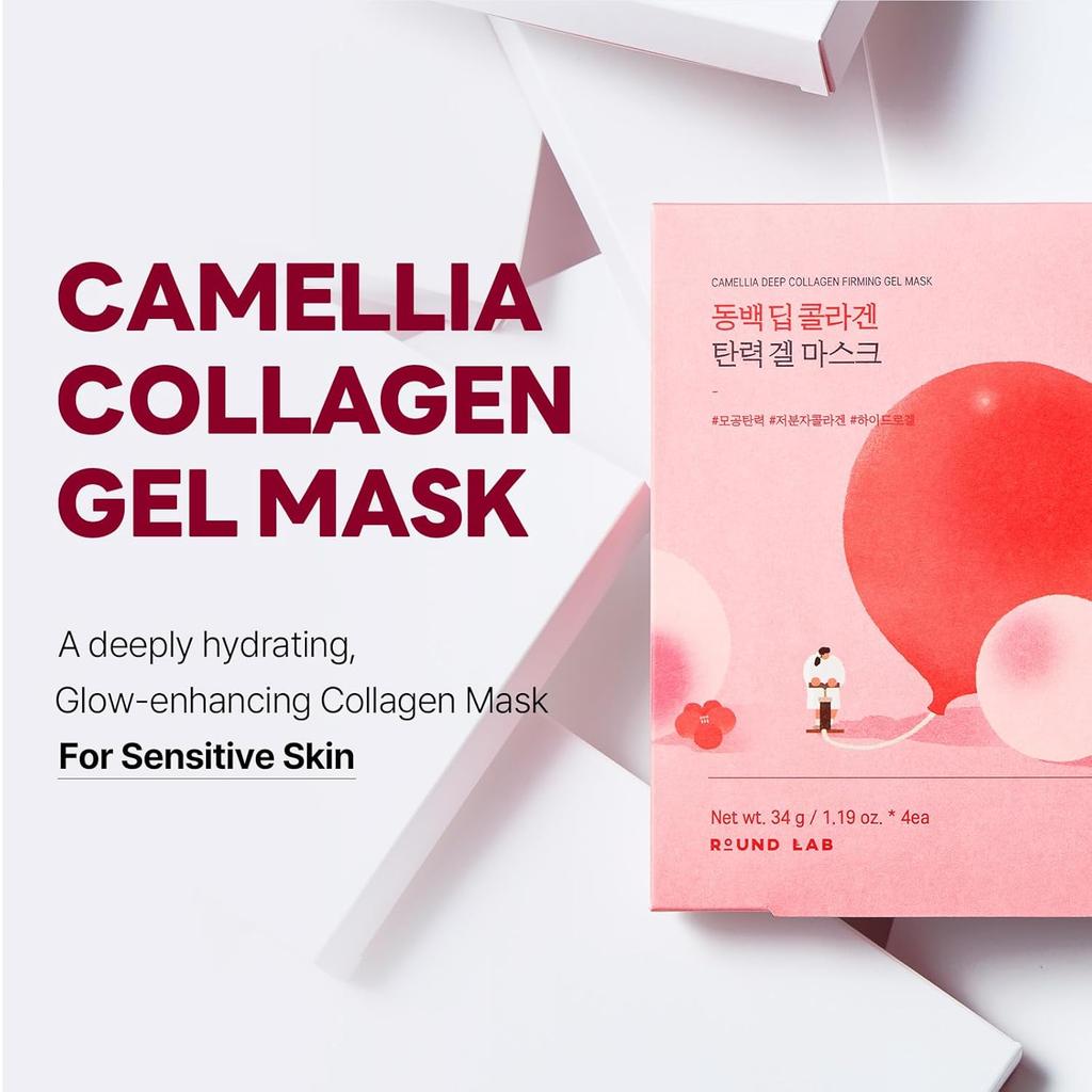 [korean Mask Set] ROUND LAB | Camellia Deep Collagen Firming Gel Mask 34g (4 Sheets) | Elasticity Boosting Mask