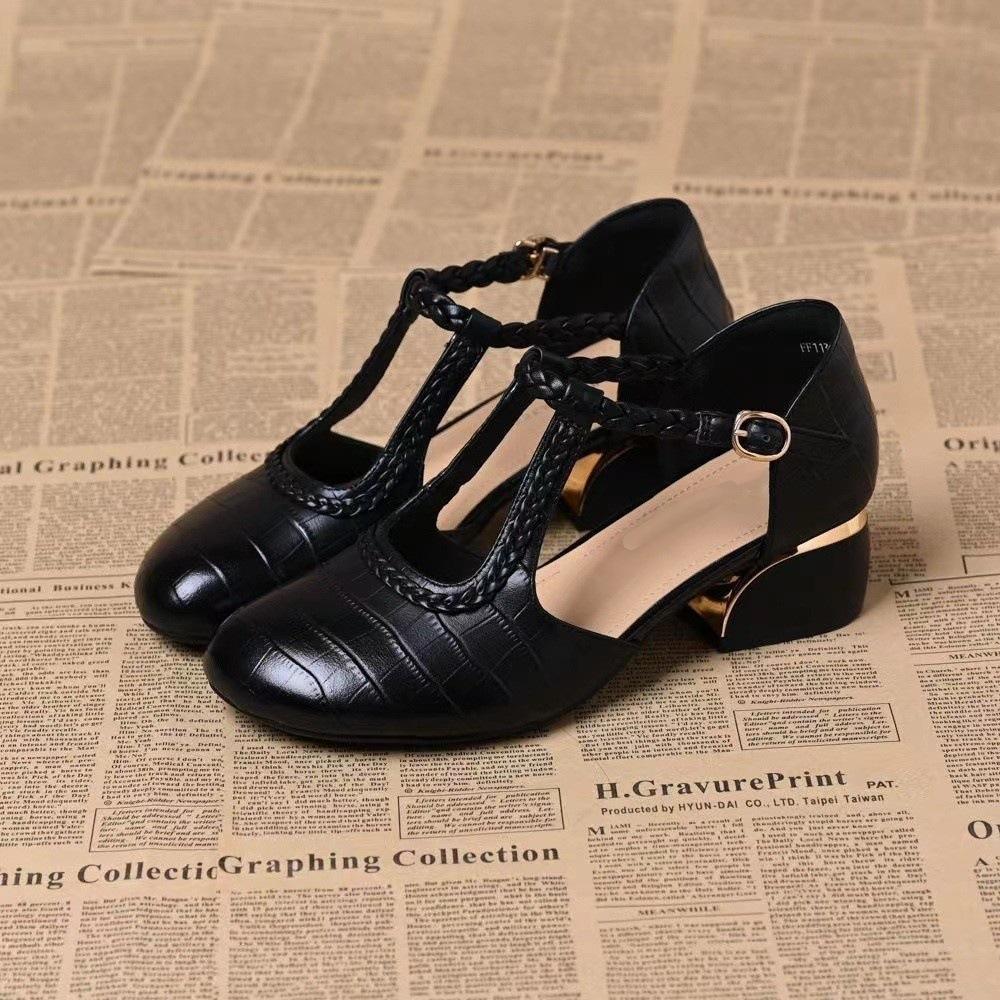 

2025 лето новая мода плетеные круглый носок неглубокий вырез туфли-лодочки женские толстый каблук универсальные удобные полые сандалии женская обувь 41 чёрный