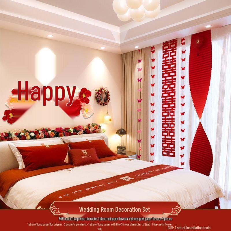 Wedding Room Decor: Double Happiness Banner for Bedroom Headboard & Curtains.