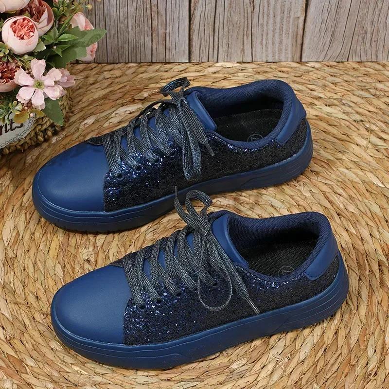 Fashion Women's Sequins Sneakers Fashion Korean Style Lace Up Flat Shoes Thick Anti-slip Couple Shoes Casual Trainers Chaussure Femmes