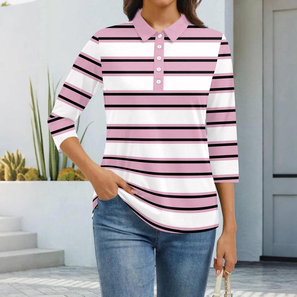 Dámská móda Ležérní klopa Krátký 3/4 rukáv Potisk Košile Dámské zapínací topy