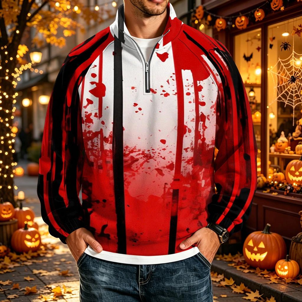 Men's Loose Fit Raglan Sleeve Sweatshirt with Stand Collar and Halloween Print for Parties and Daily Wear
