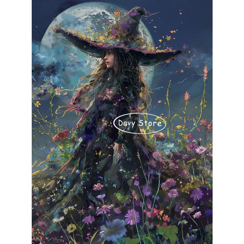 Witches Magic Mystical Print Posters Halloween Moon Witch Flowers Canvas Paintings Wall Art Picture for  Living Room Home Decor