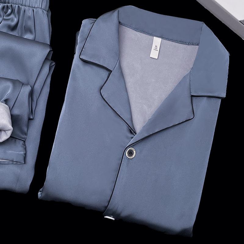 Men's Luxury Fleece-Lined Ice Silk Pajamas: Long Sleeve Satin Set for Fall/Winter, Wear Indoors or Outdoors