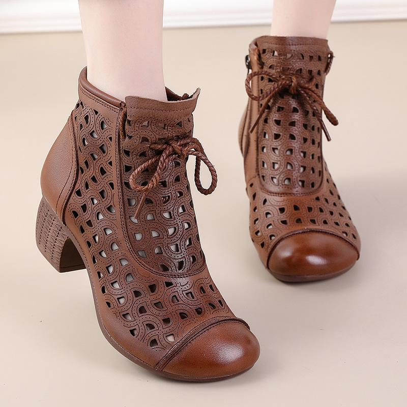 Fashion GKTINOO 2025 Summer Ankle Boots Genuine Leather Shoes Women Mid Heels Sandals Side Zip Boots Cutout Breathable Mujer Zapatos