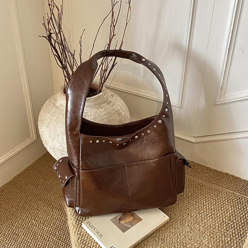 PU Hobo Bag Women's Fashion Shoulder Tote with Stud Detail Multiple Pockets Casual Everyday Handbag