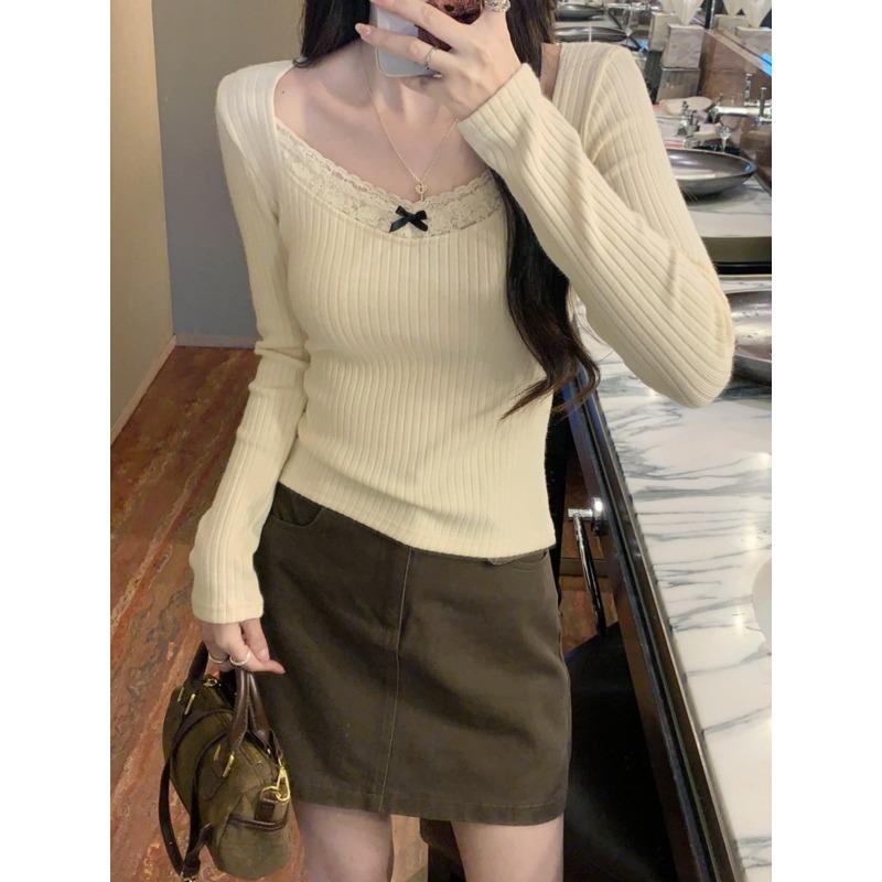 

Sweet and spicy collar lace bow long-sleeved shirt women s spring splicing top bottoming shirt XL абрикосовий