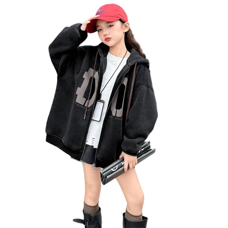 

Толстовка на молнии для девочек - Осень/Зима 2025, Повседневный спортивный кардиган для детей, Утепленный и модный 170 cm чёрный