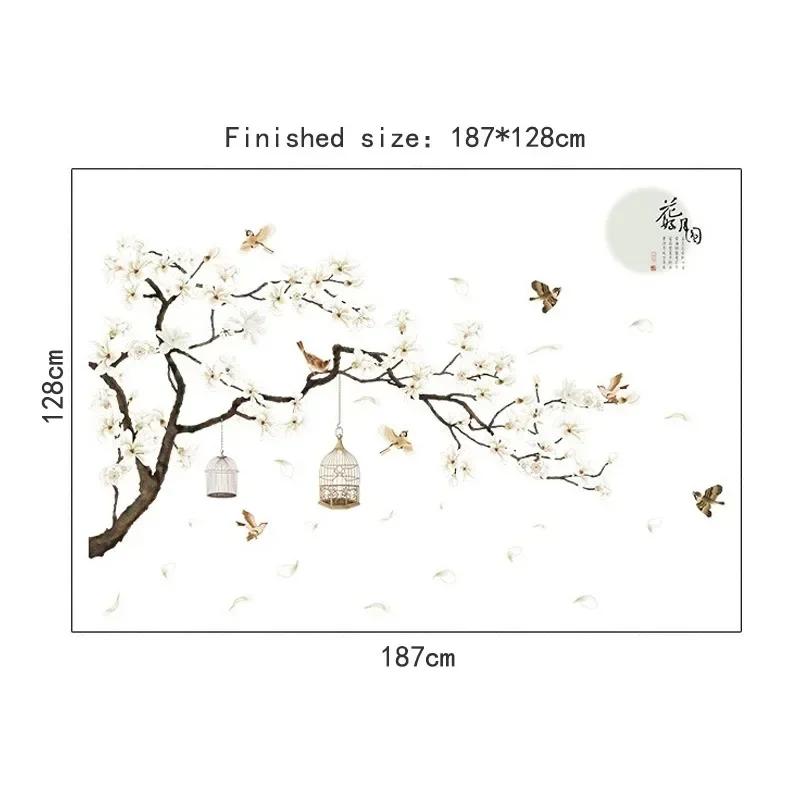 Nou 187*128cm Autocolante de perete cu copac de dimensiuni mari Păsări Flori Decor Imagini de fundal pentru sufragerie Dormitor Vinil DIY Decorare camere