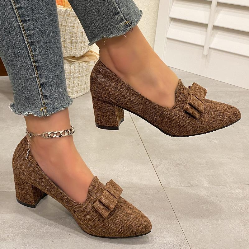 Fashion Bow Chunky Women Official Shoes Elegant Pointed Toe High Heels Pumps 2025 Fad Trend Spring Dress Designer Zapatillas De Mujer