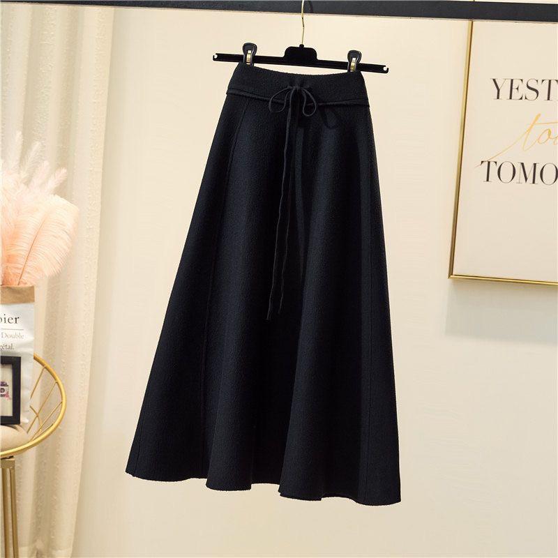 Thickened Knitted Midi Skirt Women's Autumn Winter High Waist Slimming Large Flounce Umbrella Skirt Pure Color Fashionable