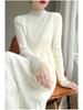 Women's Solid Color Velvet Knit Pullover Mid-Length Dress - Long Sleeve, Half High Neck, Over-the-Knee Style