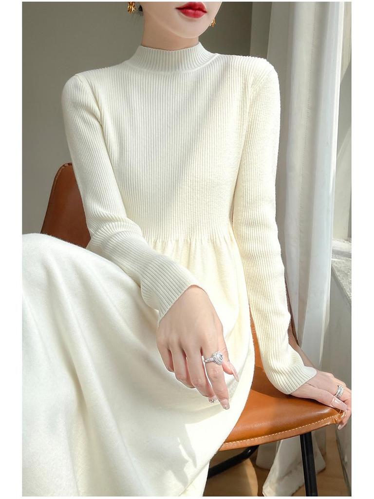 Women's Solid Color Velvet Knit Pullover Mid-Length Dress - Long Sleeve, Half High Neck, Over-the-Knee Style