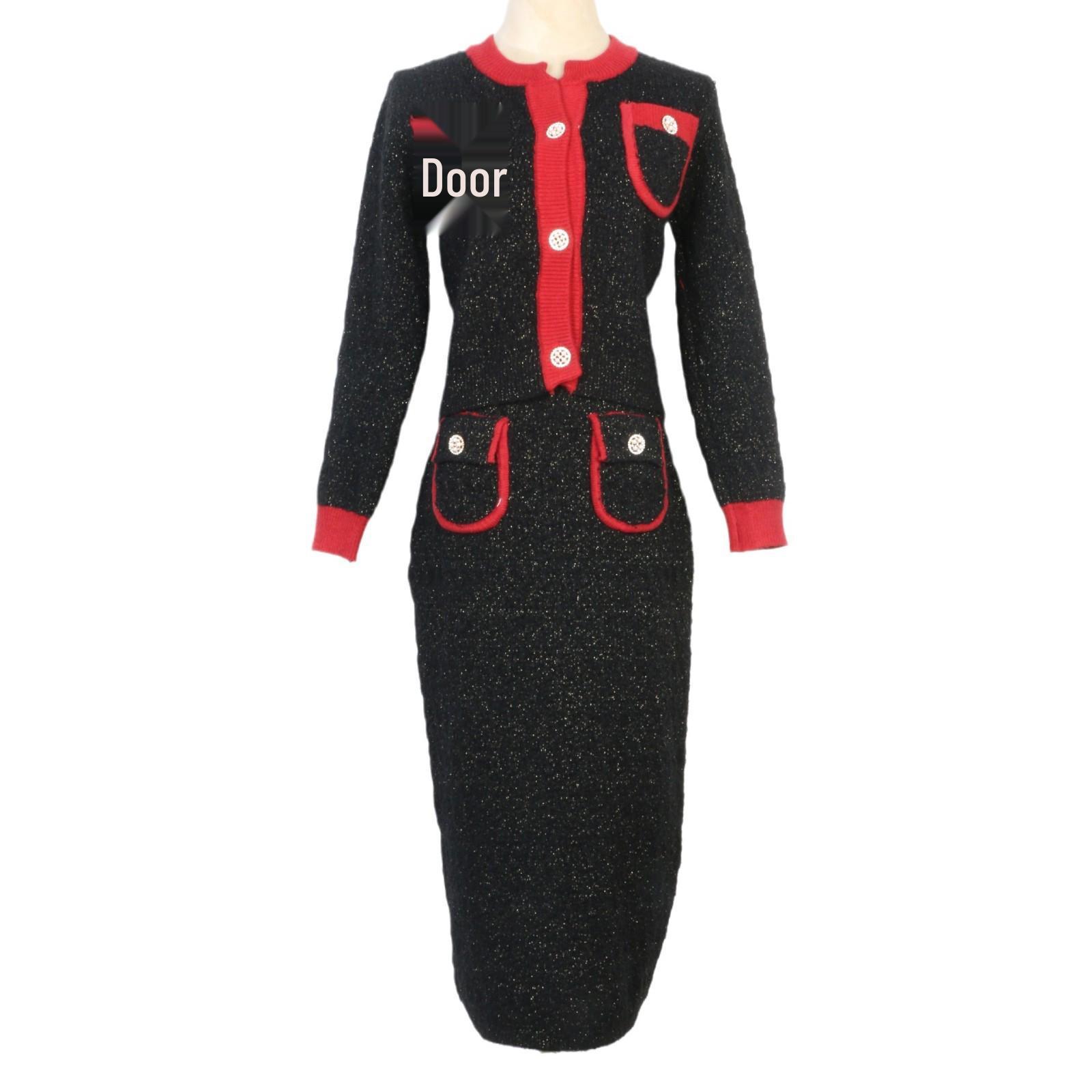 

Elegant Autumn-Winter French Knit Cardigan & Skirt Set for Women Large