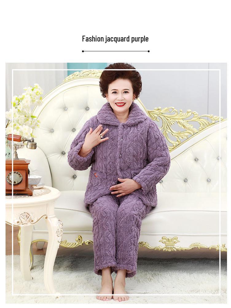 Three-Layer Fleece-Lined Quilted Winter Pajama Set for Elderly Women - Warm Coral Fleece Home Wear & Outerwear