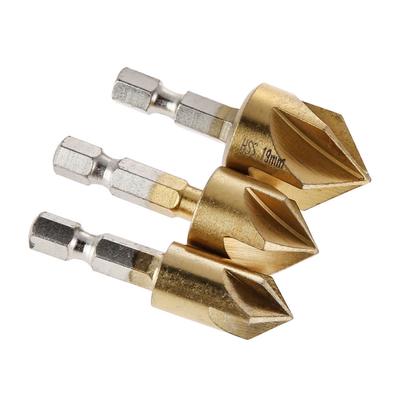 3 PCS Countersink Drill Bit Set 90 Degree 5 Flute 1/4 Inch Hex Shank HSS Hex Chamfer Deburring Bit for Wood Plastic