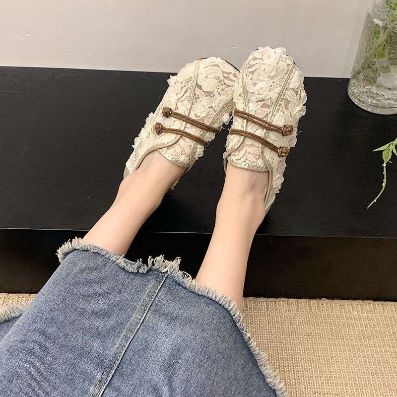 Módní krajkové síťované rybářské boty dámské letní nošení 2025 nový letní styl hovězí šlacha podrážka boty fazolky velká velikost jednoboty