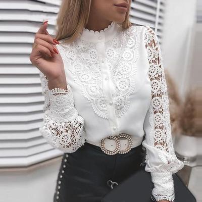 Damen-Hemd, beliebte Bluse mit Knöpfen, Spitzenbluse, einfarbig, Spitzen-Patchwork-Hemd, modisches Hemd für den Alltag