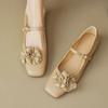 Fashion Ladies Spring Floral Mary Jones Shoes Elegant Low Heel Ladies Party Sweet Silver Beige Heels
