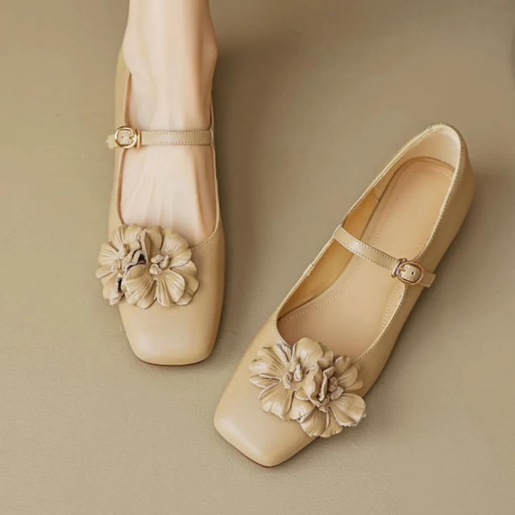 Fashion Ladies Spring Floral Mary Jones Shoes Elegant Low Heel Ladies Party Sweet Silver Beige Heels