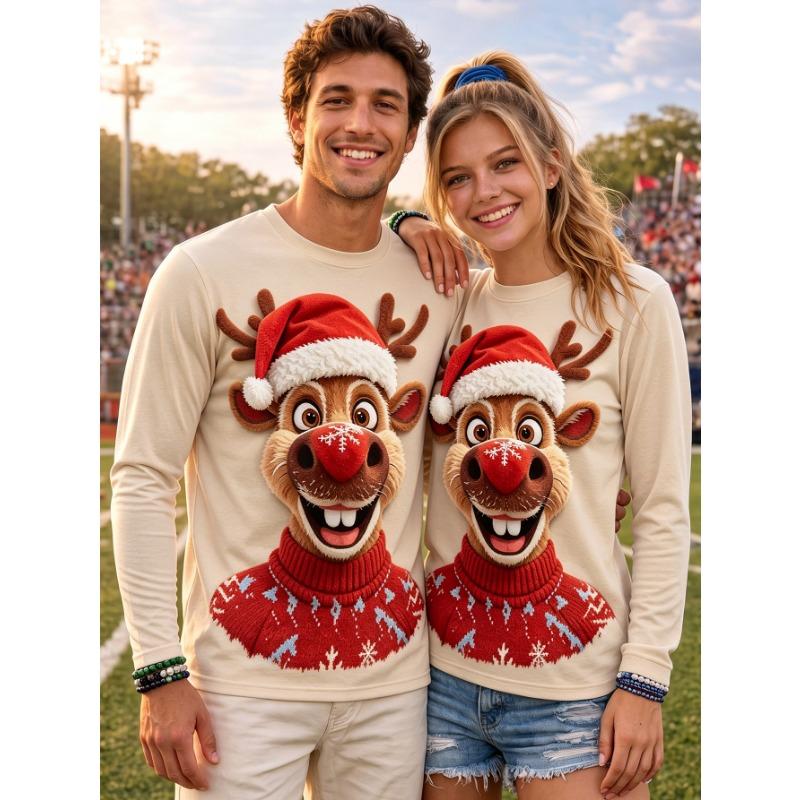 Unisex Couple Long Sleeve Ugly Christmas Tshirts 3D Print Blue Reindeer Snowflake Round Neck Holiday Casual Tops Men Clothing