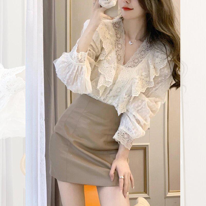 Women's Lace Ruffle Puff Sleeve Shirt - Chic Korean Style Exquisite Spring & Autumn Top