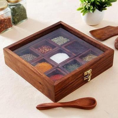 Spice Box With 1 Spoon Spice BoxFor Kitchen Decorative Handmade Masala Dabba Organizer 9 Containers, Brown