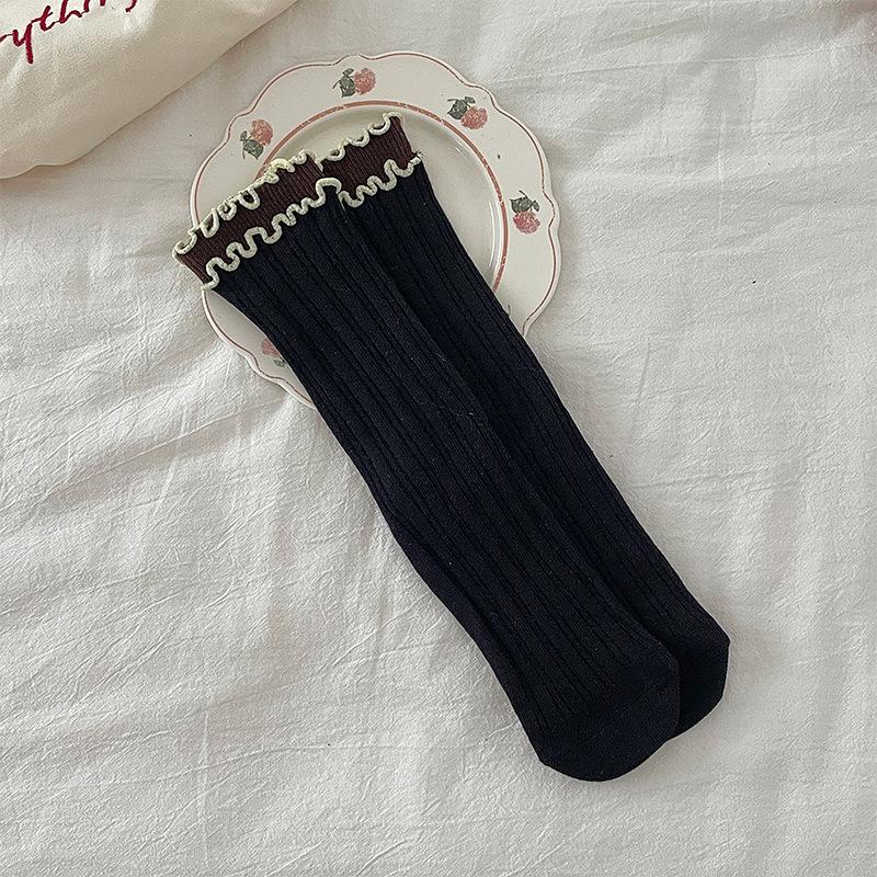 

Spring And Autumn Wind Retro Sweet And Cute Color Matching Lace Mid-Tube Cotton Socks Stacking Socks One size fits all чорний